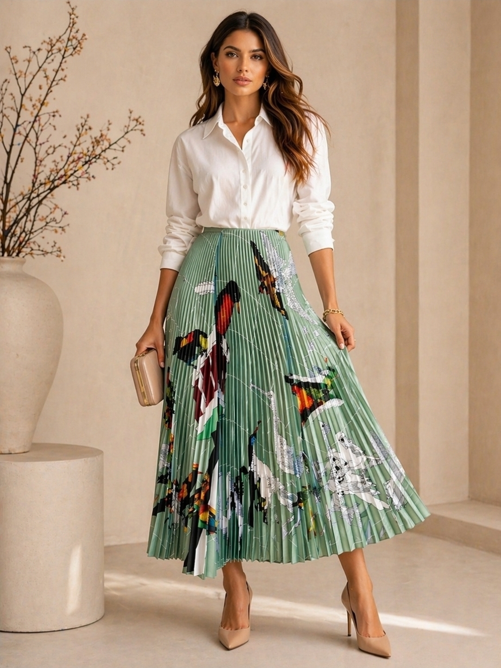 Cédric Charlier Pleated Satin Bird Print Skirt Sz S (US 4) Aqua Green Statement